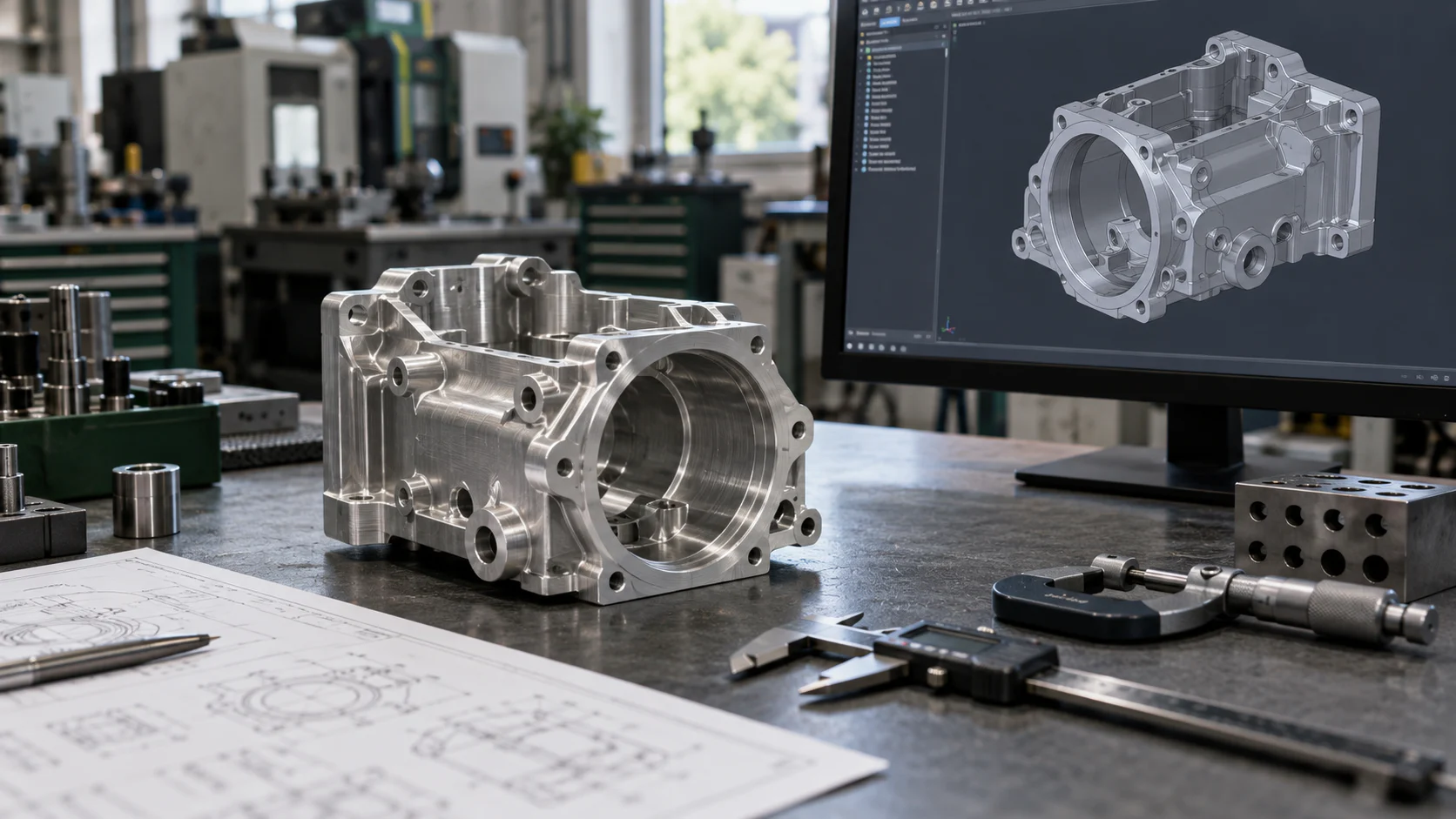 Machined aluminium housing beside its matching CAD model and precision measuring tools