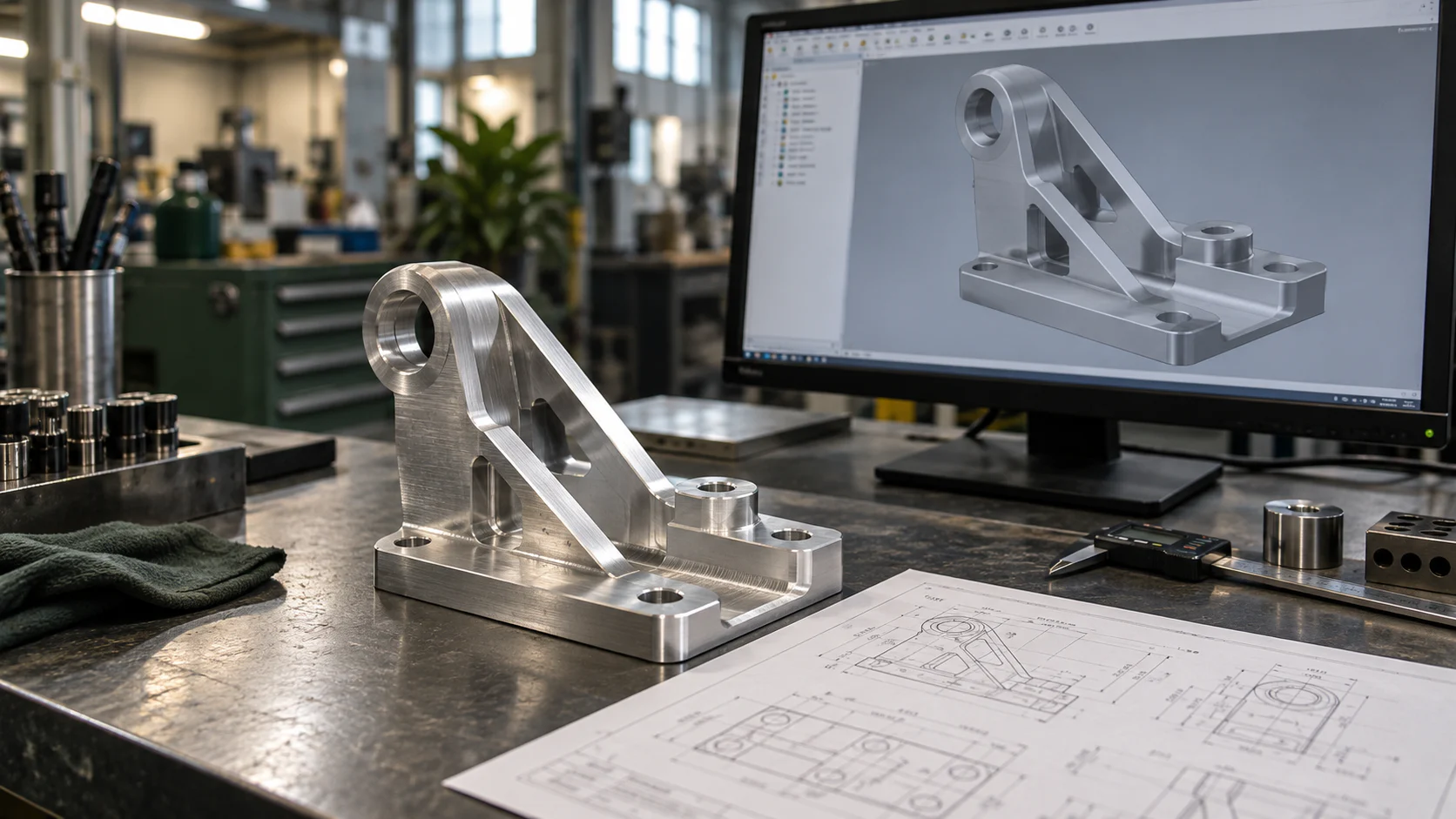 Machined bracket, technical drawing and matching CAD model arranged at an engineering workstation