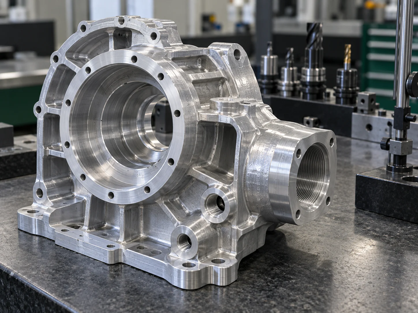 Machined aluminium housing with precision bores and threaded features on an inspection bench