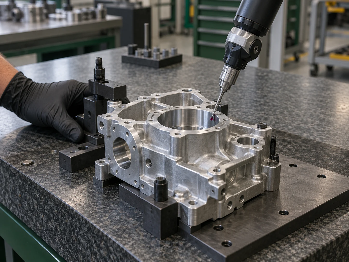 Measuring arm probe checking a machined bore on a granite inspection surface